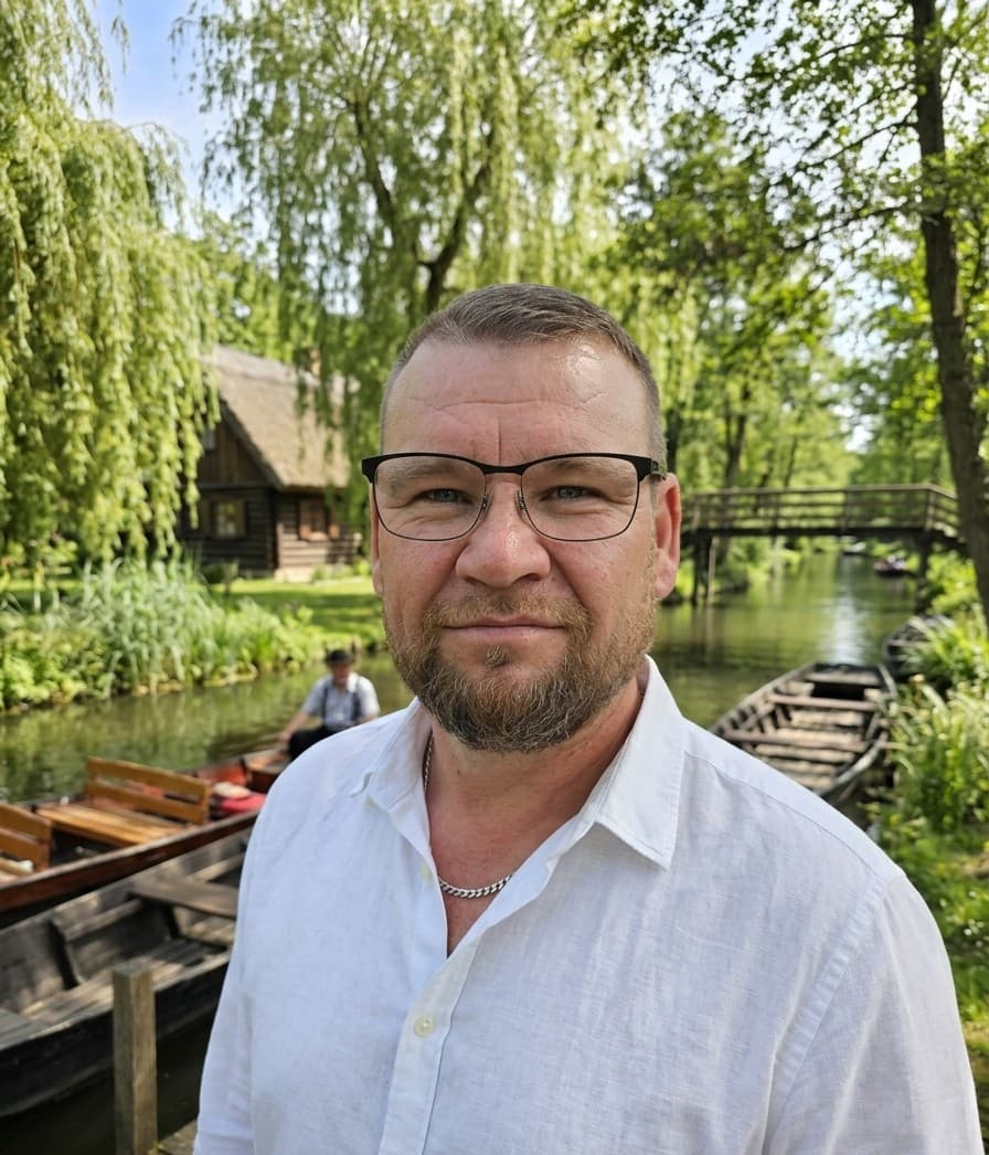 Porträt von Andreas Schmidtchen am Wasser im Spreewald — so erkennen Sie ihn am Hafen